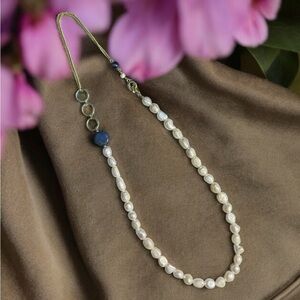 14k yellow gold E Plated metal FWC Pearl Necklace and blue stone accents 24”